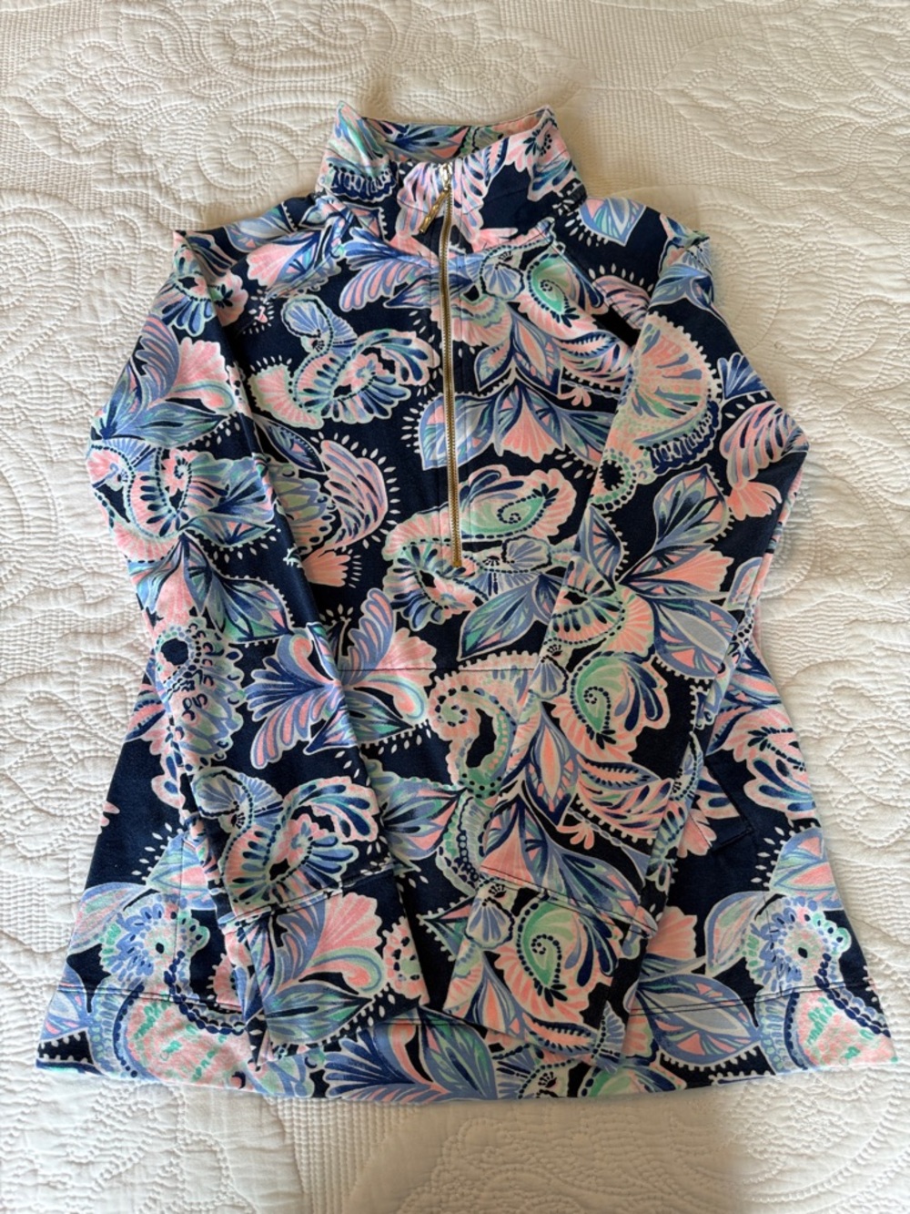 Lilly Pulitzer Navy Floral Half-Zip Popover with Pink & Mint Accents